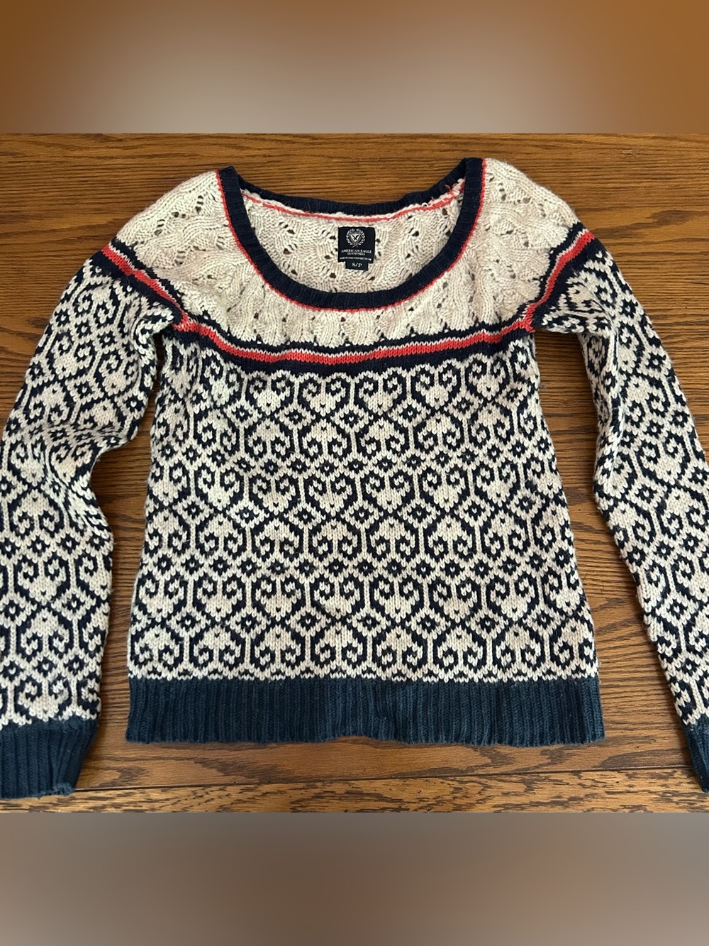 Vintage American Eagle Outfitters Navy, Cream & Coral Fair Isle Sweater